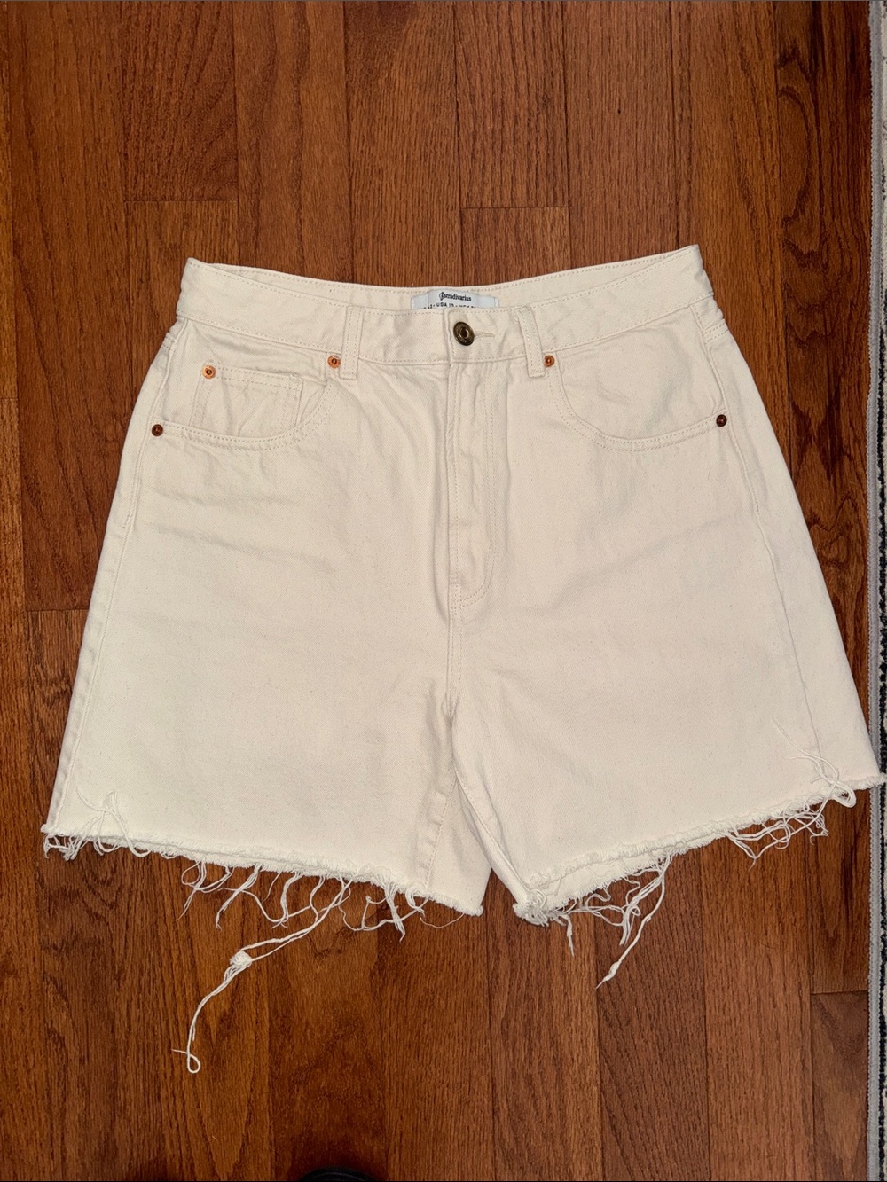stradivarius Off-White Distressed Hem Denim Shorts